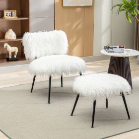 25.2'' Wide Faux Fur Plush Accent Chair With Ottoman, Living Room Chair With Footrest, Fluffy Upholstered Armless Chair And Stool