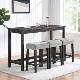 Bar Table Set with Power Outlet, Bar Table and Chairs Set, 4 Piece Dining Table Set, Industrial Breakfast Table Set, for Living Room, Dining Room (Color: as Pic)