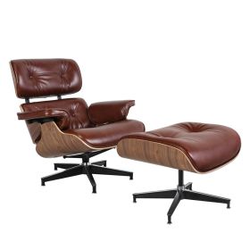 Aniline leather Club Seat armchair 8 layer plywood frame lounge chair with ottoman (Color: Walnut retro brown aniline leather)